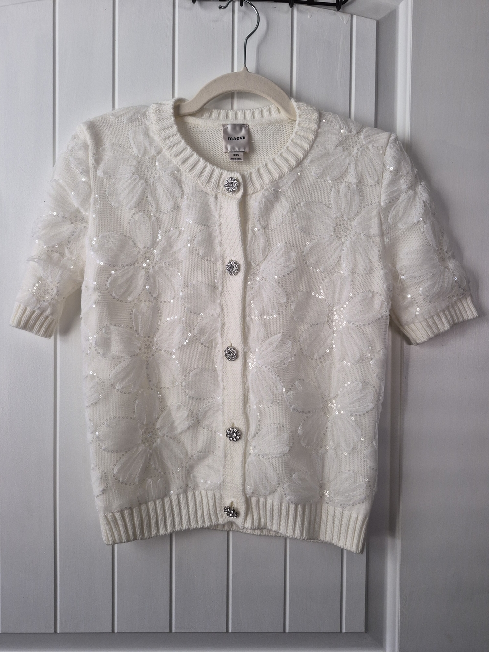 Maeve Anthropologie Ivory Floral Sequin Short Sleeve Cardigan Sweater XXS Jewel